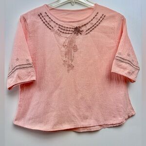 🔥3 for $18 Bundle - Linen PeachShort Sleeve Embroidered Blouse
